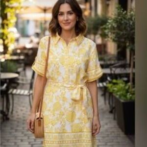 Alex Marie Yellow Floral Midi Shirt Dress with Tie Waist